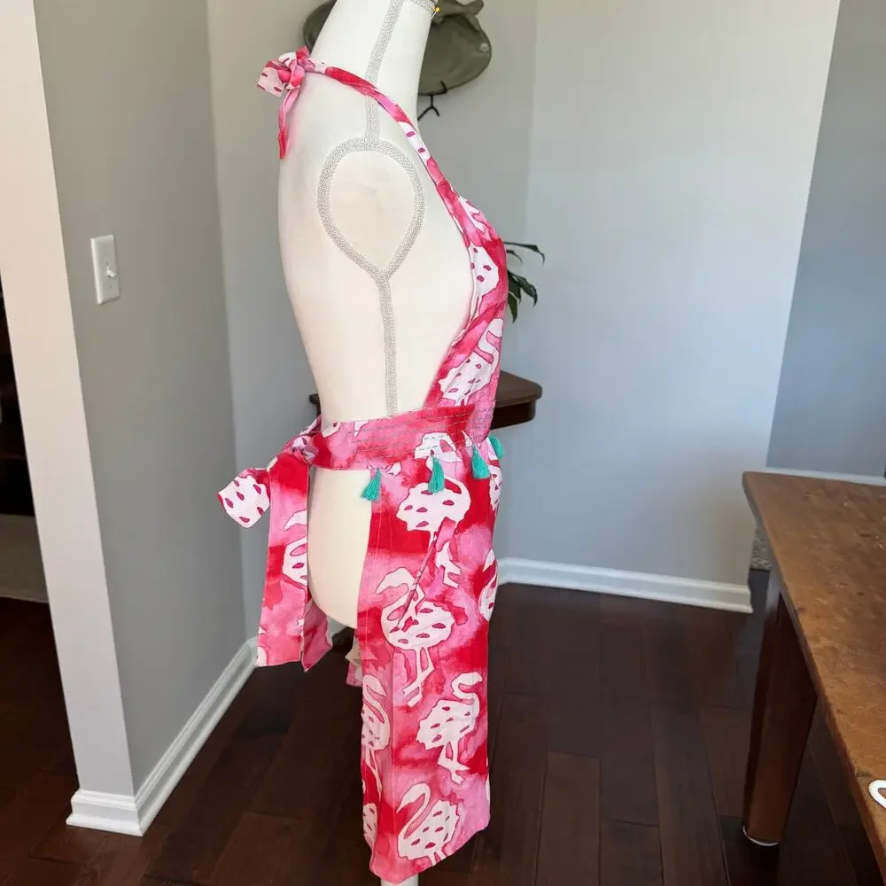 ANTHROPOLOGIE Apron Pink Flamingo Print 100% Cotton Tassels - Picture 3 of 11